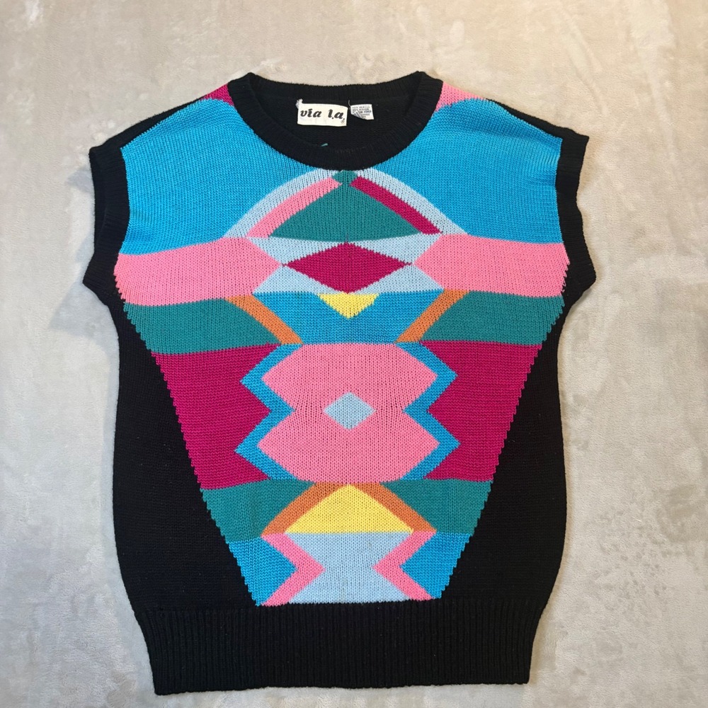 Vintage Via L.A. Geometric Knit Sweater Vest Black Multi Colorblock Sleeveless